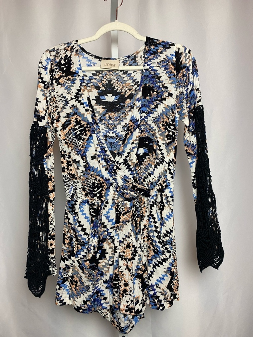Lucy Love Blue Black Geometric Pattern Long-Sleeve Wrap Front Romper Small